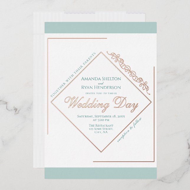 Invitación Con Relieve Metalizado Elegante Ornament Marco Turquesa Boda Rosa de oro (Sobre)