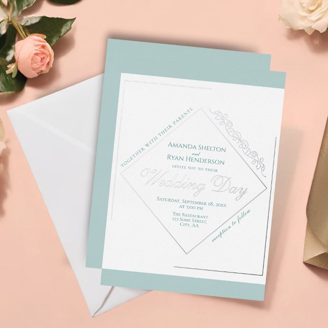 Invitación Con Relieve Metalizado Elegante Ornamento Turquesa Boda de marco plateado (Subido por el creador)