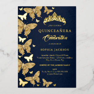 Invitación Con Relieve Metalizado Elegante Oro Azul Mariposa Quinceañera