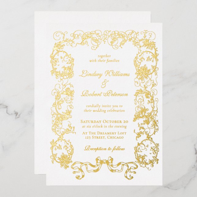 Invitación Con Relieve Metalizado Elegante oro blanco inmaculado (Anverso/Reverso)