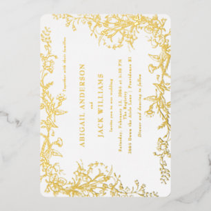 Invitación Con Relieve Metalizado Elegante oro Boda blanco botánico