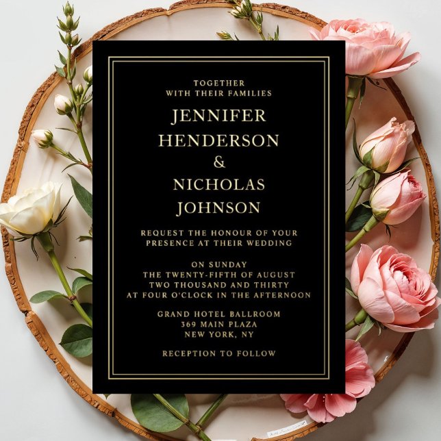 Invitación Con Relieve Metalizado Elegante Oro Boda negro formal (Elegant Formal Black Wedding Gold Foil Invitation)