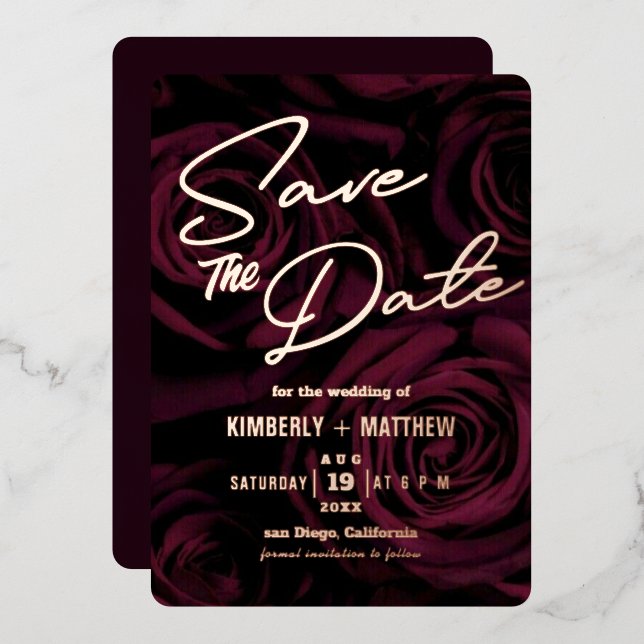 Invitación Con Relieve Metalizado elegante oro Borgoña Save the date Boda   (Anverso/Reverso)