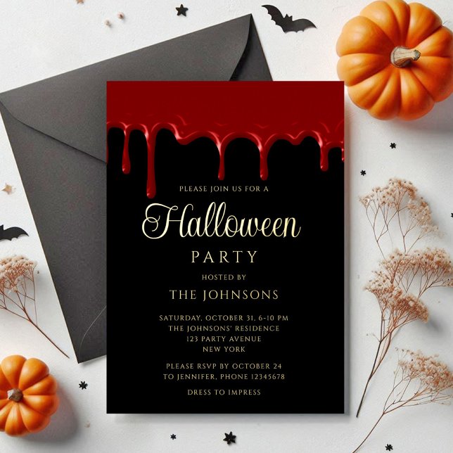 Invitación Con Relieve Metalizado Elegante oro de halloween con goteo de sangre negr (Elegant Black Blood Dripping Halloween Gold Foil Invitation)