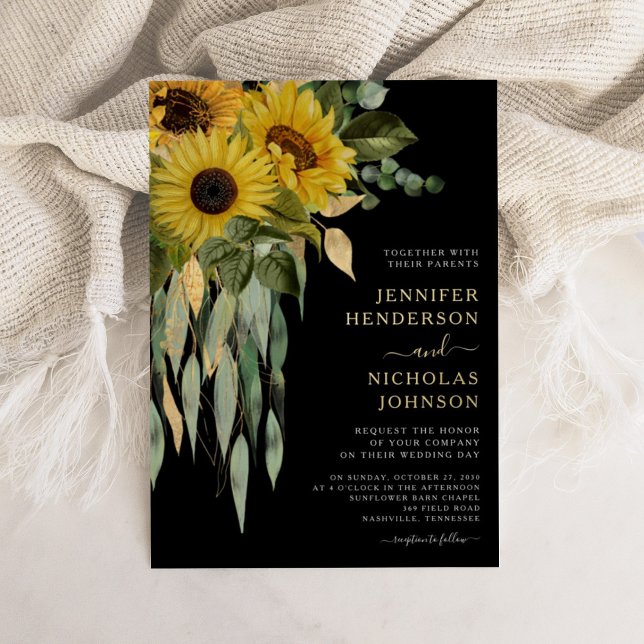 Invitación Con Relieve Metalizado Elegante oro floral negro (Elegant Black Floral Gold Foil Invitation)