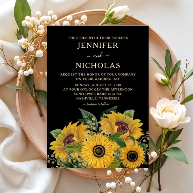 Invitación Con Relieve Metalizado Elegante oro floral negro y oro blanco (Elegant Floral Gold Black & White Gold Foil Invitation)