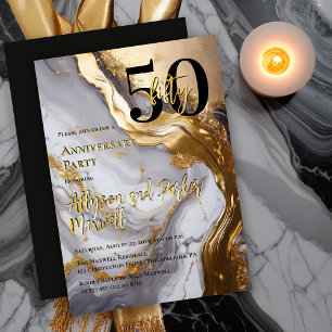Invitación Con Relieve Metalizado Elegante Oro   Mármol Blanco Fiesta de Aniversario