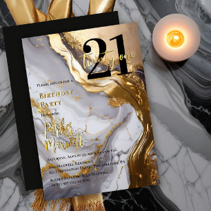 Invitación Con Relieve Metalizado Elegante Oro   Moderno Cumpleaños 21 Fiesta en Már