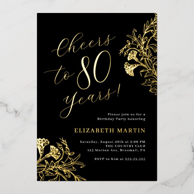 Invitación Con Relieve Metalizado Elegante Oro Negro 80 cumpleaños (Anverso)