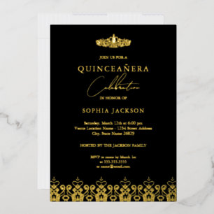 Invitación Con Relieve Metalizado Elegante Oro Negro Tiara Quinceanera
