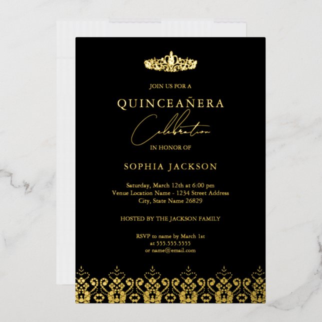 Invitación Con Relieve Metalizado Elegante Oro Negro Tiara Quinceanera (Sobre)