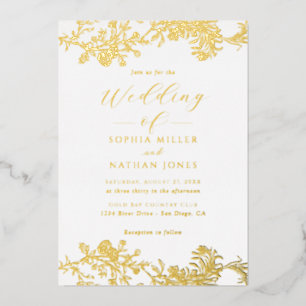 Invitación Con Relieve Metalizado Elegante oro real hoja floral encaje escritura bod