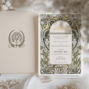 Invitación Con Relieve Metalizado Elegante oro verde y blanco Boda islámico