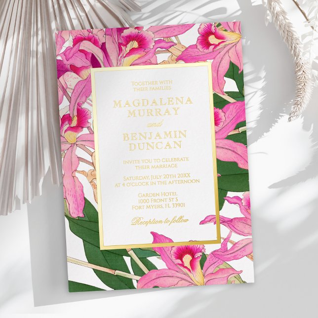 Invitación Con Relieve Metalizado Elegante orquídea rosa florece Boda tropical (Subido por el creador)