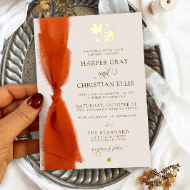 Invitación Con Relieve Metalizado Elegante otoño deja oro a la cinta moderna Boda
