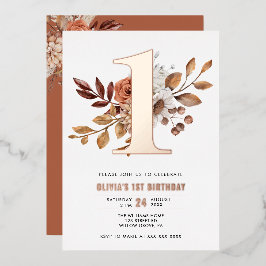 Invitación Con Relieve Metalizado Elegante otoño floral primer cumpleaños