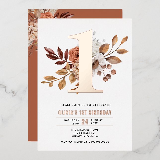 Invitación Con Relieve Metalizado Elegante otoño floral primer cumpleaños (Anverso/Reverso)