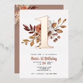 Invitación Con Relieve Metalizado Elegante otoño floral primer cumpleaños Relieve me