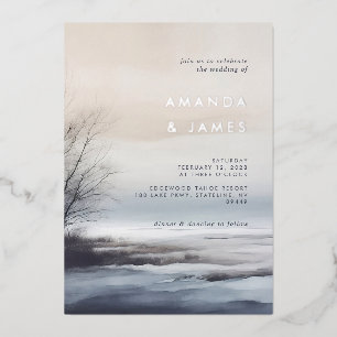 Invitación Con Relieve Metalizado Elegante Paisaje Abstracto Escénico Boda de Invier