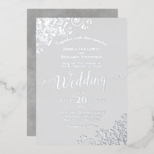Invitación Con Relieve Metalizado Elegante papel de plata sobre boda clásica gris