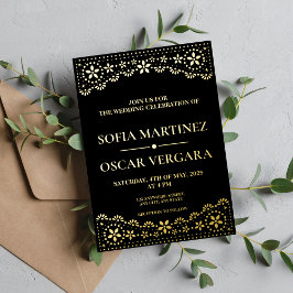 Invitación Con Relieve Metalizado Elegante Papel Picado Negro y Oro