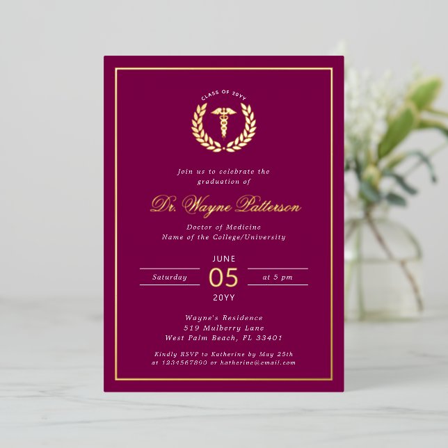 Invitación Con Relieve Metalizado Elegante Partido de Graduación de Escuela de Medic (Anverso de pie)