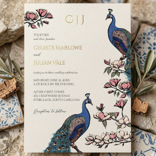 Invitación Con Relieve Metalizado Elegante Pavo Real Floral Oro Boda