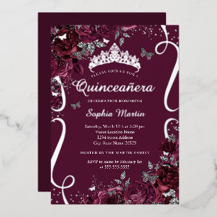 Invitación Con Relieve Metalizado Elegante Pergamino Floral Burgundy Quinceañera