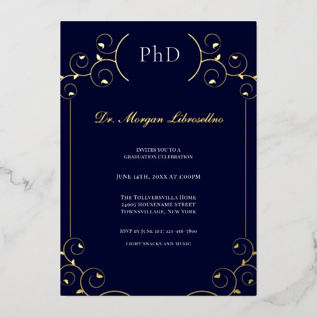 Invitación Con Relieve Metalizado Elegante PhD Gold White Blue Graduation Party (Anverso)