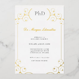 Invitación Con Relieve Metalizado Elegante PhD Oro Gris Blanco Fiesta de Graduación