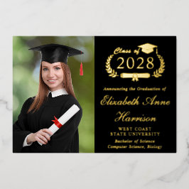 Invitación Con Relieve Metalizado Elegante Photo College Black Graduation Party