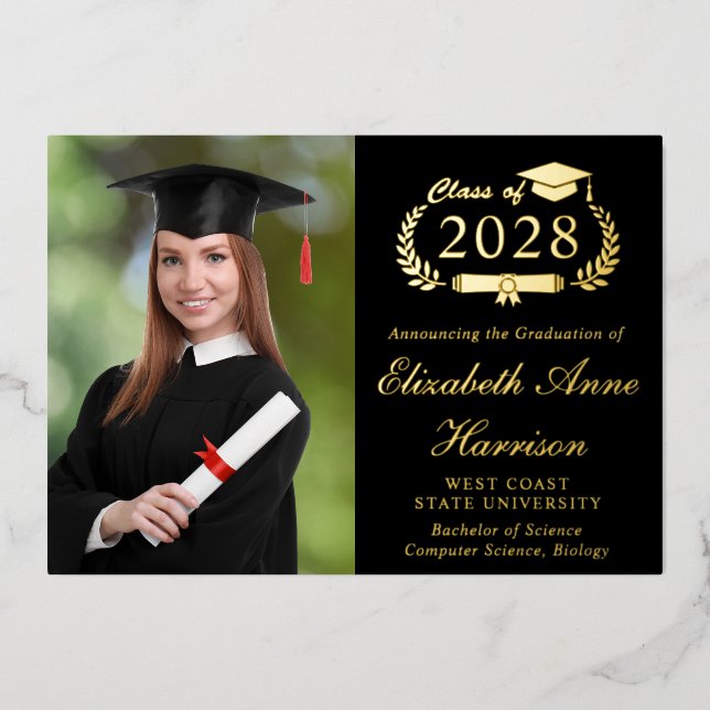 Invitación Con Relieve Metalizado Elegante Photo College Black Graduation Party (Anverso)