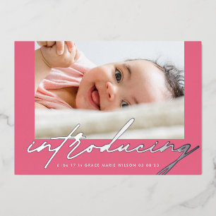 Invitación Con Relieve Metalizado Elegante Pink Silver Presentación Photo Baby