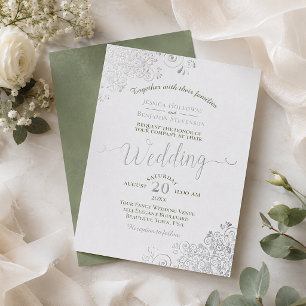 Invitación Con Relieve Metalizado Elegante plata y verde salvia en boda blanca