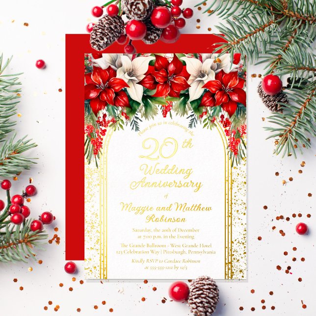 Invitación Con Relieve Metalizado Elegante Poinsettias 20° Aniversario Boda (Elegant Red and White Poinsettias Holiday "20th Anniversary" Party Gold Foil Invitation)