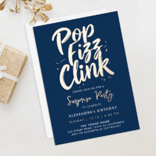 Invitación Con Relieve Metalizado Elegante Pop Fizz Clink Azul Marino Empresa Script