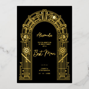 Invitación Con Relieve Metalizado Elegante propuesta de padrino Steampunk en oro TLW