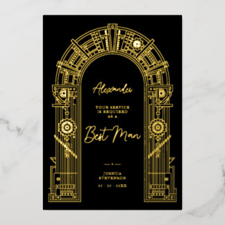 Invitación Con Relieve Metalizado Elegante propuesta de padrino Steampunk en oro TLW