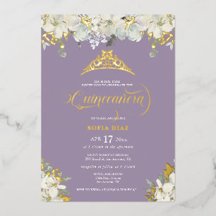 Invitación Con Relieve Metalizado Elegante Purple Quinceañera Floral Gold