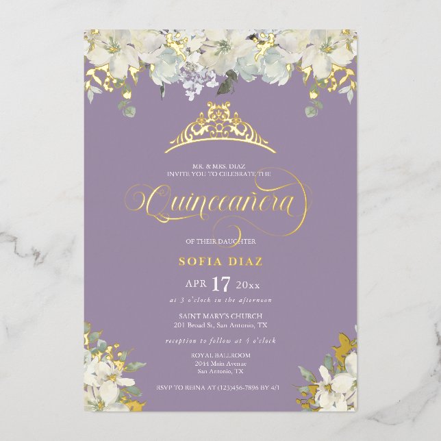 Invitación Con Relieve Metalizado Elegante Purple Quinceañera Floral Gold (Anverso)