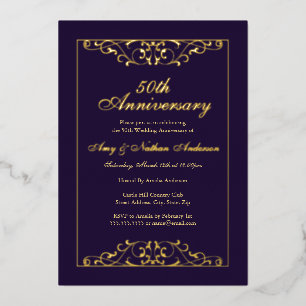 Invitación Con Relieve Metalizado Elegante Púrpura Oro 50 Aniversario de Boda
