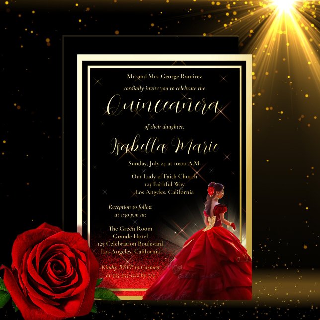Invitación Con Relieve Metalizado Elegante Purpurina de Faux Rojo Quinceañera | Cump (Subido por el creador)