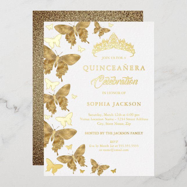 Invitación Con Relieve Metalizado Elegante Purpurina de oro mariposa Quinceanera (Anverso/Reverso)