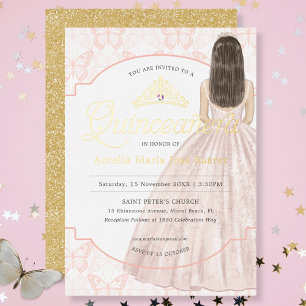 Invitación Con Relieve Metalizado Elegante Purpurina de Oro Rosa Quinceañera Cumplea