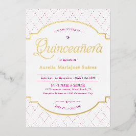 Invitación Con Relieve Metalizado Elegante Purpurina de Oro Rosa Quinceañera Cumplea