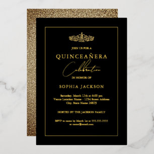 Invitación Con Relieve Metalizado Elegante Quinceañera 15 años de oro y negro