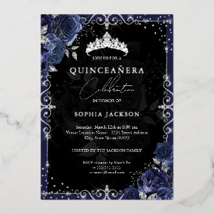 Invitación Con Relieve Metalizado Elegante Quinceañera Azul Marino y Plata