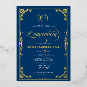 Invitación Con Relieve Metalizado Elegante Quinceañera Azul Real con Oro o Plata