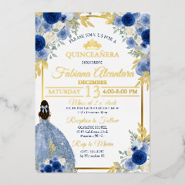 Invitación Con Relieve Metalizado Elegante Quinceañera Azul Real y Rosa Dorada
