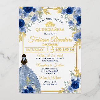 Invitación Con Relieve Metalizado Elegante Quinceañera Azul Real y Rosa Dorada